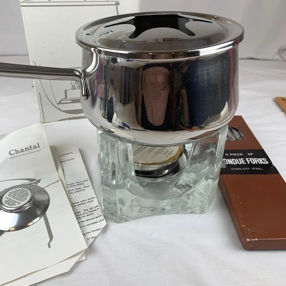 Chantal Stainless Steel Fondue Set 2qt Pot Glass Stand VTG West Germany SL50-18
